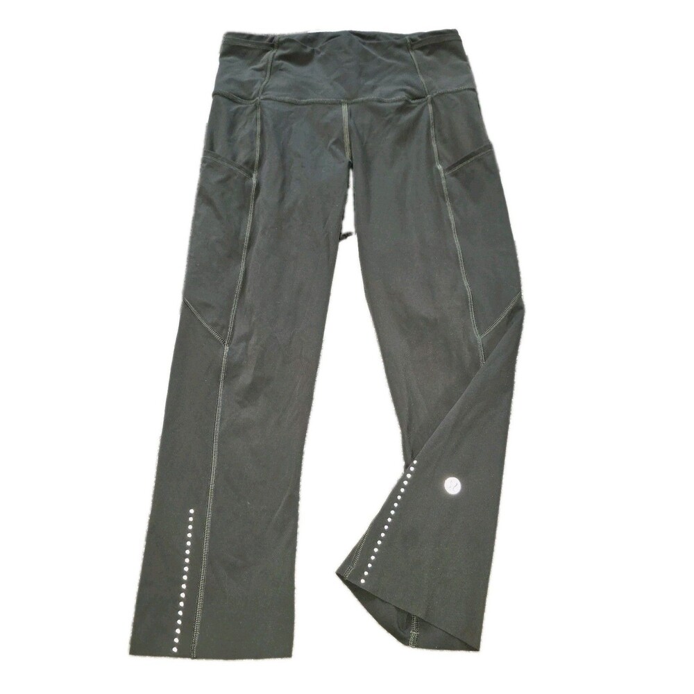 LULULEMON Sz 0 Cropped Yoga Workout Black Reflective Circles Raw Hem Logo Pants